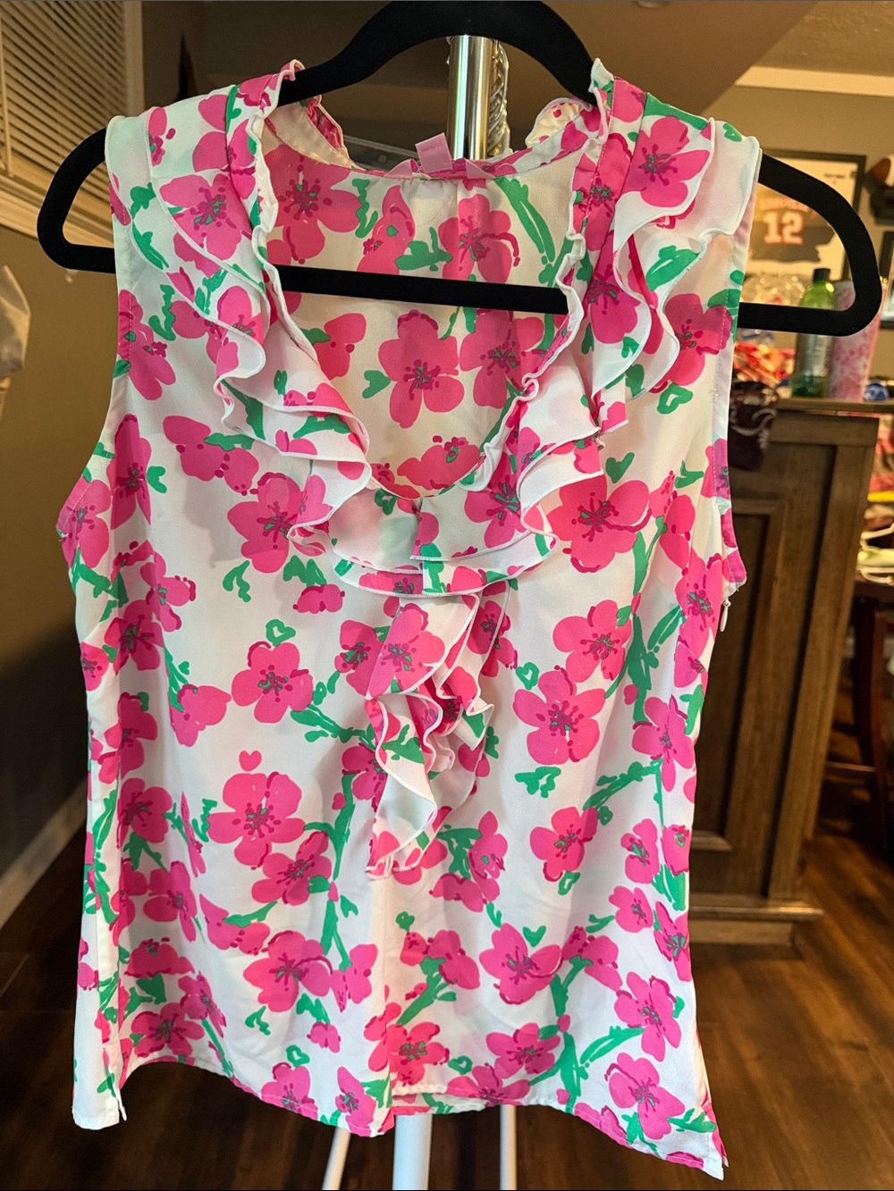 Lilly Pulitzer White Pink Floral Ruffle Shell